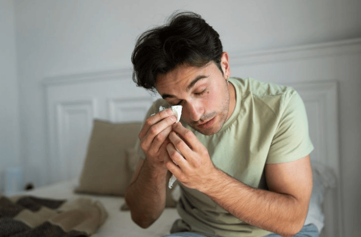 Pria tampak sedih atau menangis sambil menyeka air mata, melambangkan penderitaan mental, depresi, atau kesedihan akibat pikiran negatif.