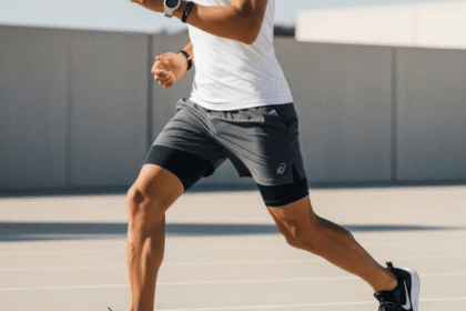 8 Inspirasi Padu Padan Stylish Jam Tangan Digital dan Gelang Sporty untuk Tampilan Modern dan Dinamis Pria berlari di lintasan mengenakan kaos putih, celana pendek olahraga, dan jam tangan digital sporty