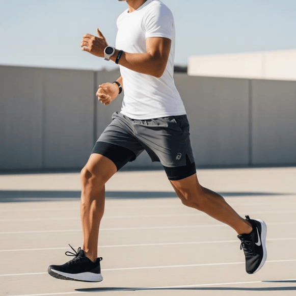 Pria berlari di lintasan mengenakan kaos putih, celana pendek olahraga, dan jam tangan digital sporty