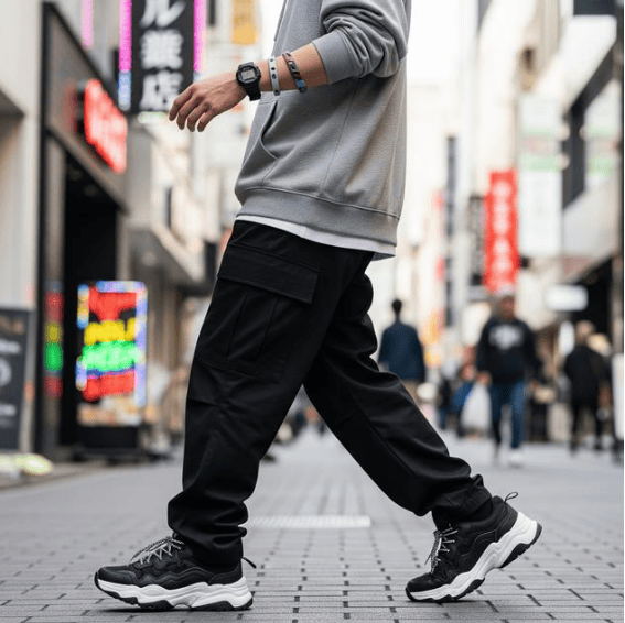 Pria dengan hoodie abu-abu, celana kargo hitam, dan chunky sneakers berjalan di jalan perkotaan