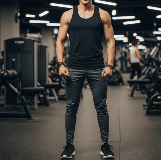 Pria berotot dengan tank top hitam dan celana training berdiri di tengah gym
