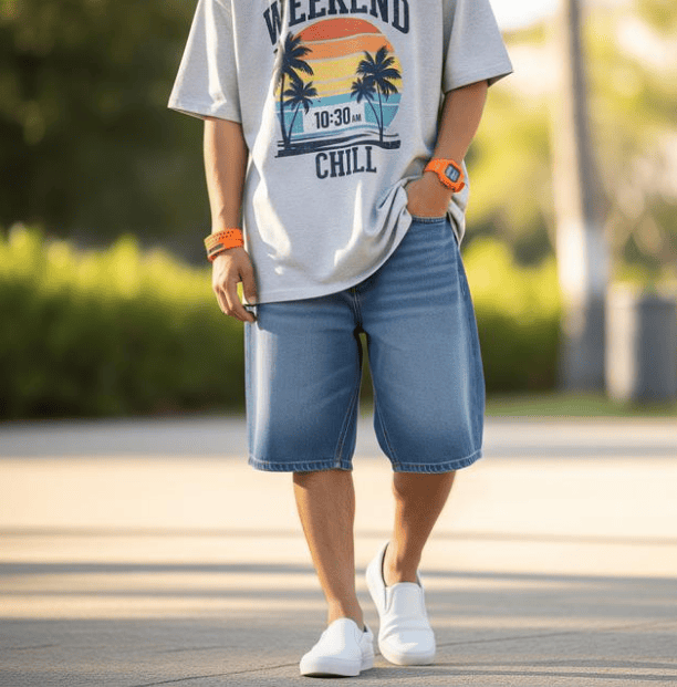 Pria dengan kaus oversized dan celana pendek denim berjalan santai di bawah sinar matahari