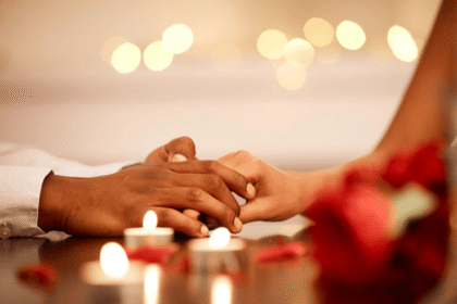 Pasangan berpegangan tangan saat makan malam romantis, simbol bulan madu dan awal aktivitas seksual