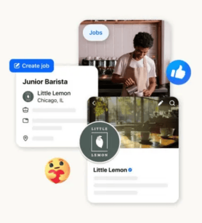 Antarmuka Fitur Jobs Facebook di aplikasi, menampilkan lowongan Junior Barista dari Little Lemon di Chicago, tombol "Create Job", dan ikon Marketplace.