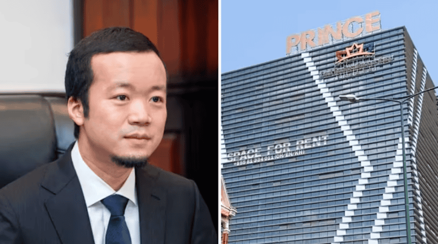 Chen Zhi dan Prince Holding Group: Skandal Crypto Kamboja yang Mengguncang Dunia Keuangan Global Pebisnis atau pengusaha Asia di samping gedung tinggi dengan tulisan