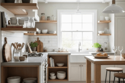 7 Inspirasi Dapur Kecil dengan Rak Terbuka dan Warna Netral: Rahasia Tampilan Elegan & Lapang untuk Hunian Modern Dapur kecil dengan island kayu, rak-rak kayu terbuka, dan farmhouse sink di bawah jendela