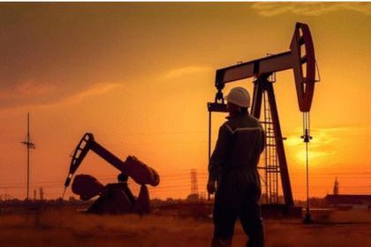 Pekerja migas di depan dua pumpjack (pompa angguk) di ladang minyak saat matahari terbenam.