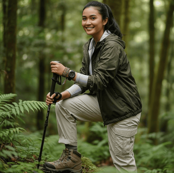 Wanita tersenyum mengenakan jaket windbreaker dan celana kargo sambil memegang tongkat hiking