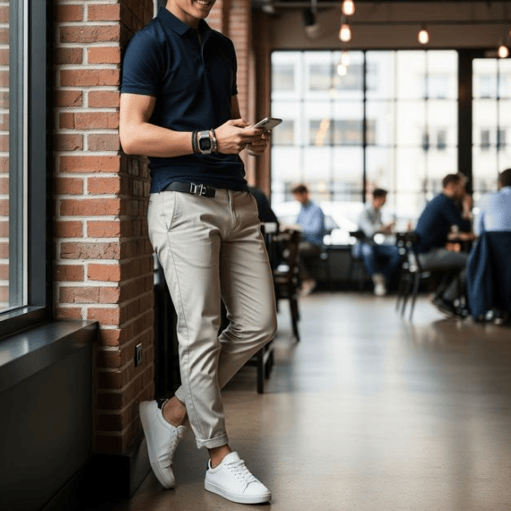 Pria bersandar di dinding bata merah dengan polo shirt navy dan celana chino beige