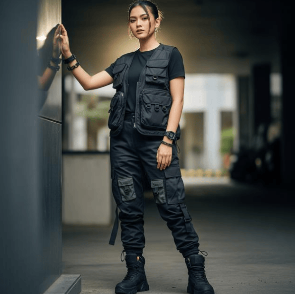 Wanita berpose dengan setelan techwear hitam lengkap: kaus, rompi utilitas, dan celana kargo