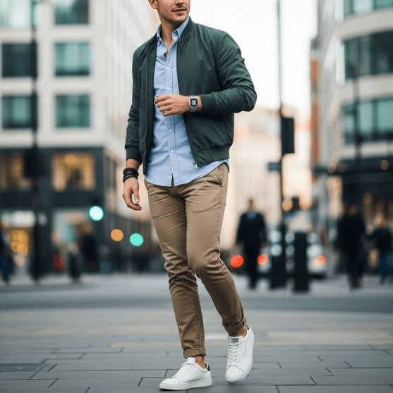 Pria dengan kemeja biru, jaket bomber hijau army, dan chino coklat berjalan di kota