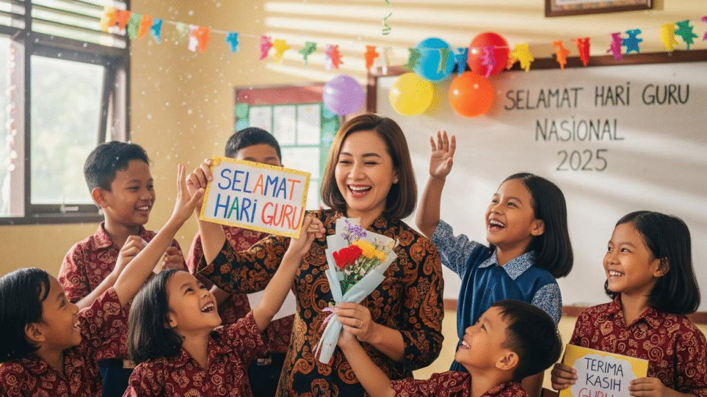 Perayaan Hari Guru Nasional 2025. Guru menerima bunga dan kartu ucapan dari siswa.
