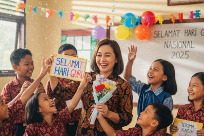 Perayaan Hari Guru Nasional 2025. Guru menerima bunga dan kartu ucapan dari siswa.