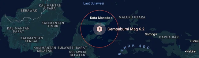 Gempa Gorontalo 5 November 2025: Getaran M6,0 di Bone Bolango Bikin Rumah Bergetar, Warga Panik Peta Gempa Gorontalo 5 November 2025 Magnitudo 6.2 (versi visual M6,0) di Teluk Tomini dekat Kota Manado dan Bone Bolango.