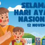 Ilustrasi Selamat Hari Ayah Nasional 12 November, Ayah dan anak laki-laki tersenyum di tengah pemandangan kota.