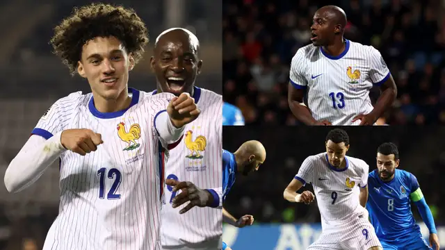 Jean-Philippe Mateta dan Maghnes Akliouche selebrasi gol Prancis melawan Azerbaijan di Kualifikasi Piala Dunia 2026.