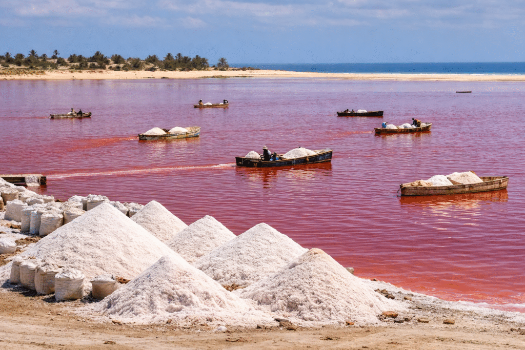 Perahu-perahu tradisional penambang garam melintasi air merah muda pekat di Danau Retba dengan tumpukan hasil garam di tepi pantai.