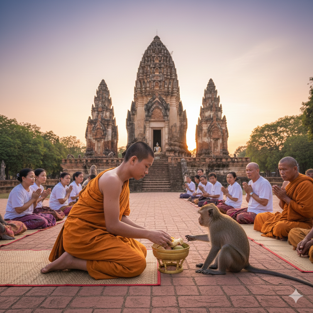 Monyet ekor panjang duduk di reruntuhan kuil Phra Prang Sam Yot Lopburi Thailand.