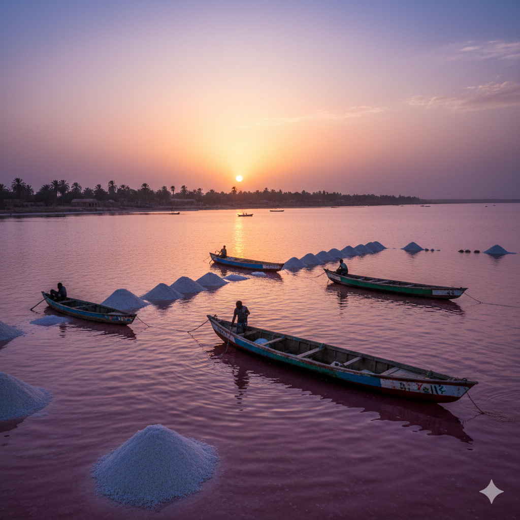 Pemandangan matahari terbenam atau senja yang indah di atas permukaan air Danau Retba yang tenang dengan siluet perahu kayu.