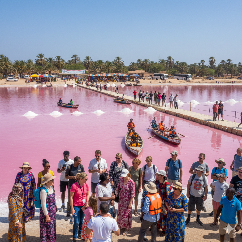 Kerumunan wisatawan mengunjungi Danau Retba atau Lac Rose di Senegal dengan latar belakang jembatan kayu dan tumpukan garam putih.
