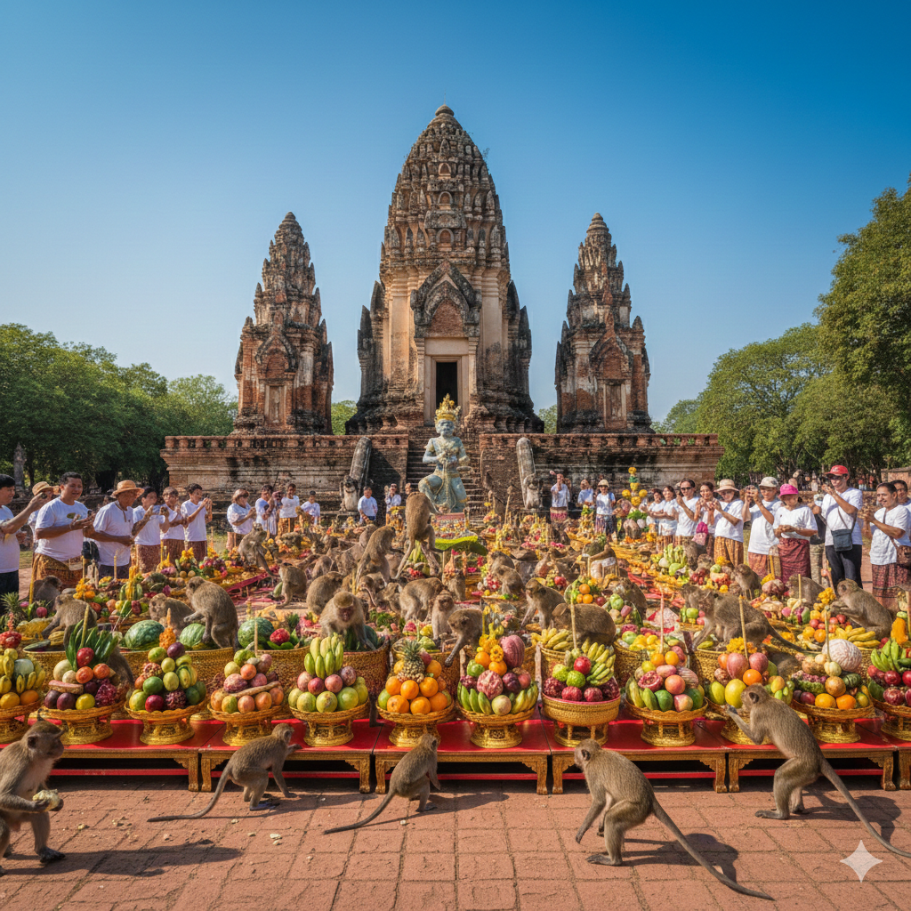 Monyet Lopburi sedang menikmati minuman manis di atas meja festival bertema Teh Thai.
