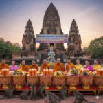 Festival Teh Thai Monyet Lopburi: Ketika Manusia dan Ribuan Kera Berbagi Meja, Sejarah, dan Takdir Jamuan buah-buahan segar seperti semangka dan pisang di atas meja Festival Monyet Lopburi.