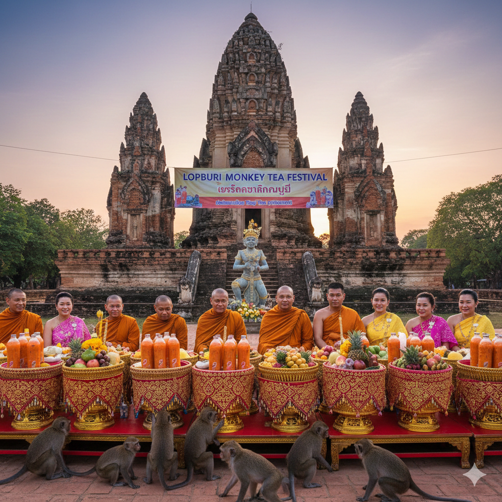 Jamuan buah-buahan segar seperti semangka dan pisang di atas meja Festival Monyet Lopburi.