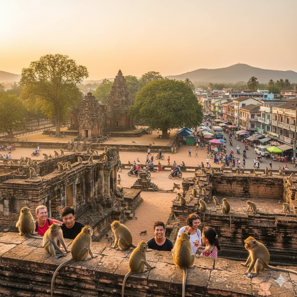 Suasana kota Lopburi dengan monyet yang memanjat bangunan dan kabel listrik di pusat kota.