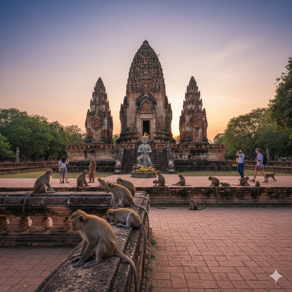 Suasana kota Lopburi dengan monyet yang memanjat bangunan dan kabel listrik di pusat kota.
