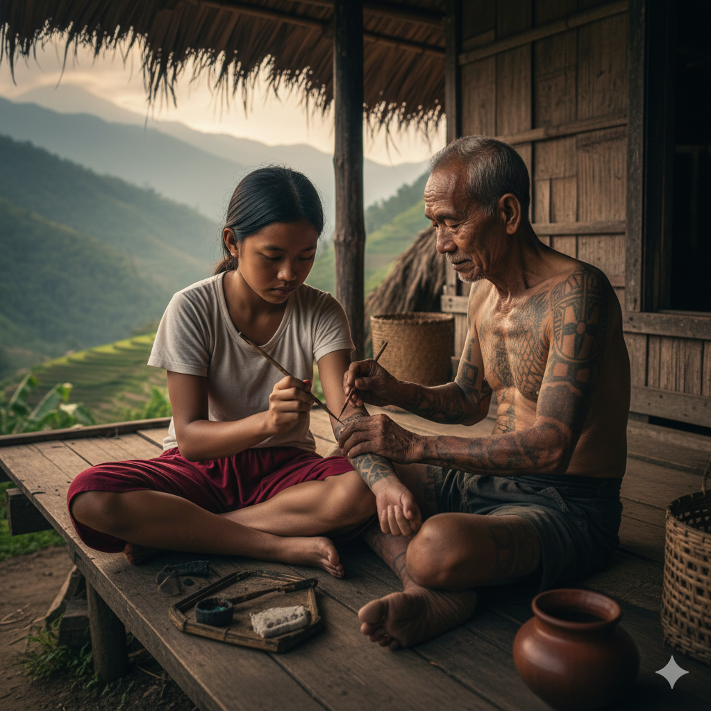 Whang-Od Oggay: Perempuan Penjaga Tato Tertua di Dunia yang Menjaga Sejarah di Atas Kulit Manusia Seorang pria tua bertato bersama seorang gadis muda sedang berlatih teknik menato tradisional mambabatok di pegunungan Filipina.