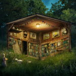 Perpustakaan kecil tersembunyi di dalam hutan yang diterangi lampu.