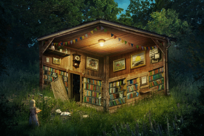 Perpustakaan kecil tersembunyi di dalam hutan yang diterangi lampu.