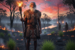 Pria tetua adat Aborigin Australia memegang obor api di tengah hutan saat senja, melakukan praktik Cultural Burning untuk menjaga keseimbangan ekosistem.