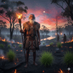 Penjaga Api dari Tanah Purba: Kisah Indigenous Firekeepers Australia yang Menyembuhkan Alam dengan Api Pria tetua adat Aborigin Australia memegang obor api di tengah hutan saat senja, melakukan praktik Cultural Burning untuk menjaga keseimbangan ekosistem.