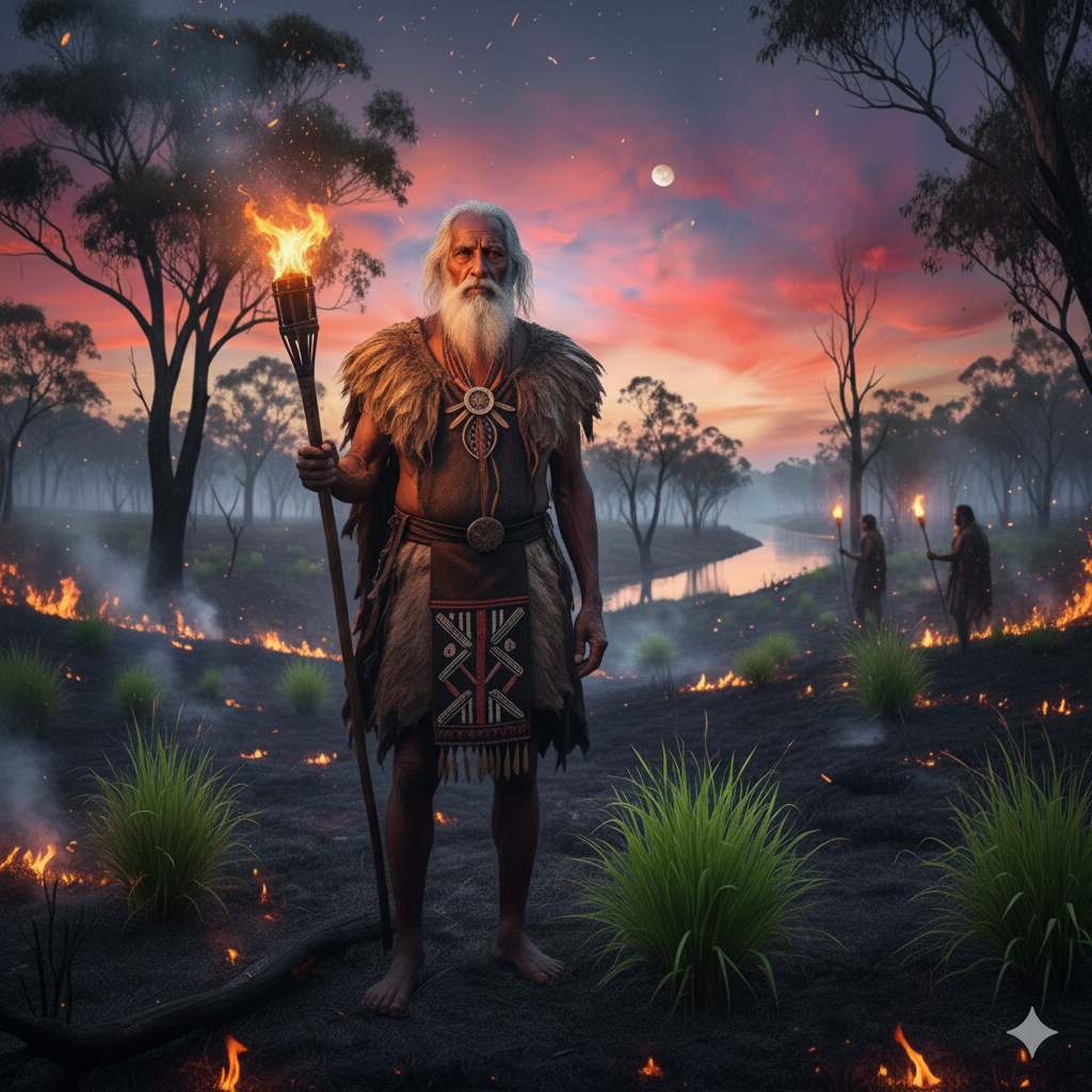 Pria tetua adat Aborigin Australia memegang obor api di tengah hutan saat senja, melakukan praktik Cultural Burning untuk menjaga keseimbangan ekosistem.