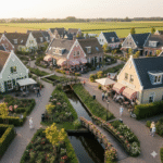 Pemandangan udara desa Hogeweyk di Belanda dengan rumah-rumah bergaya tradisional, kanal kecil, jembatan kayu, dan taman bunga yang asri untuk lansia dengan demensia.