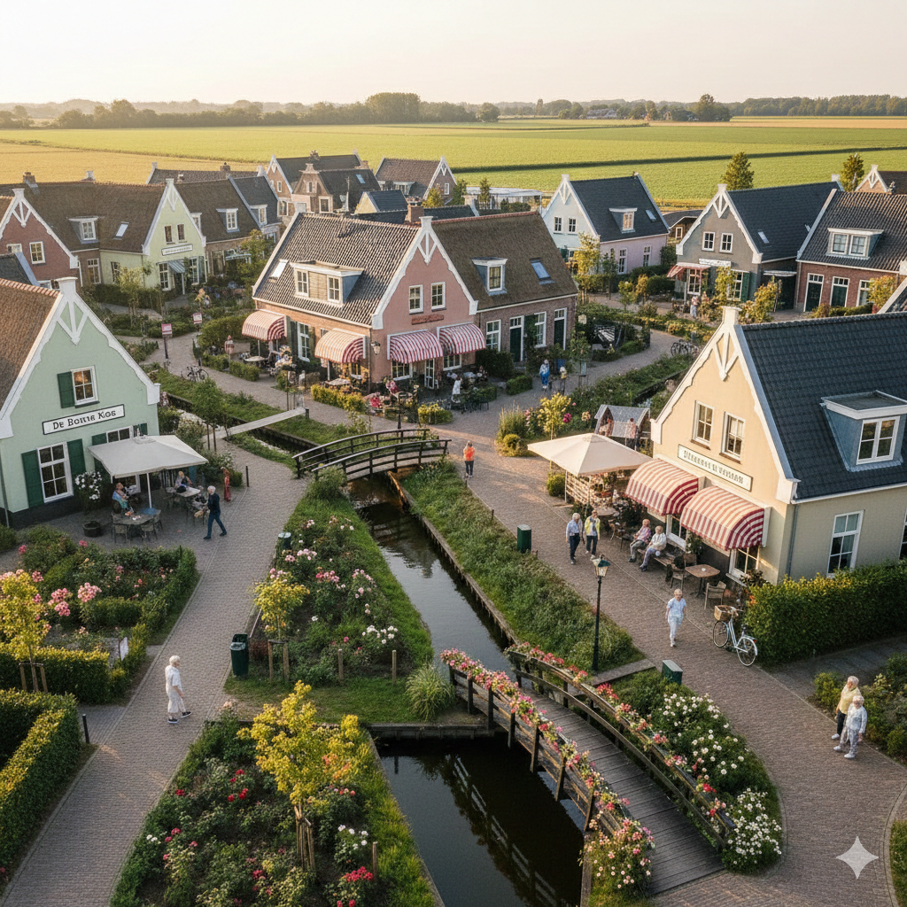 Pemandangan udara desa Hogeweyk di Belanda dengan rumah-rumah bergaya tradisional, kanal kecil, jembatan kayu, dan taman bunga yang asri untuk lansia dengan demensia.
